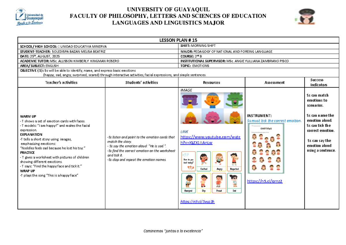Lesson Plan 15: Emotions for 2nd B - English Course (25/08/2025) - Studocu