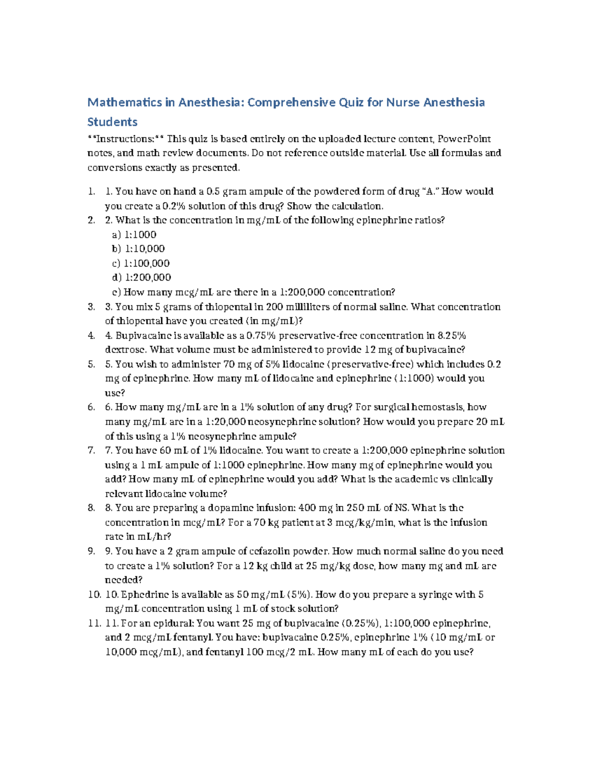 Mathematics in Anesthesia: Comprehensive Quiz for NUR 501 Students ...