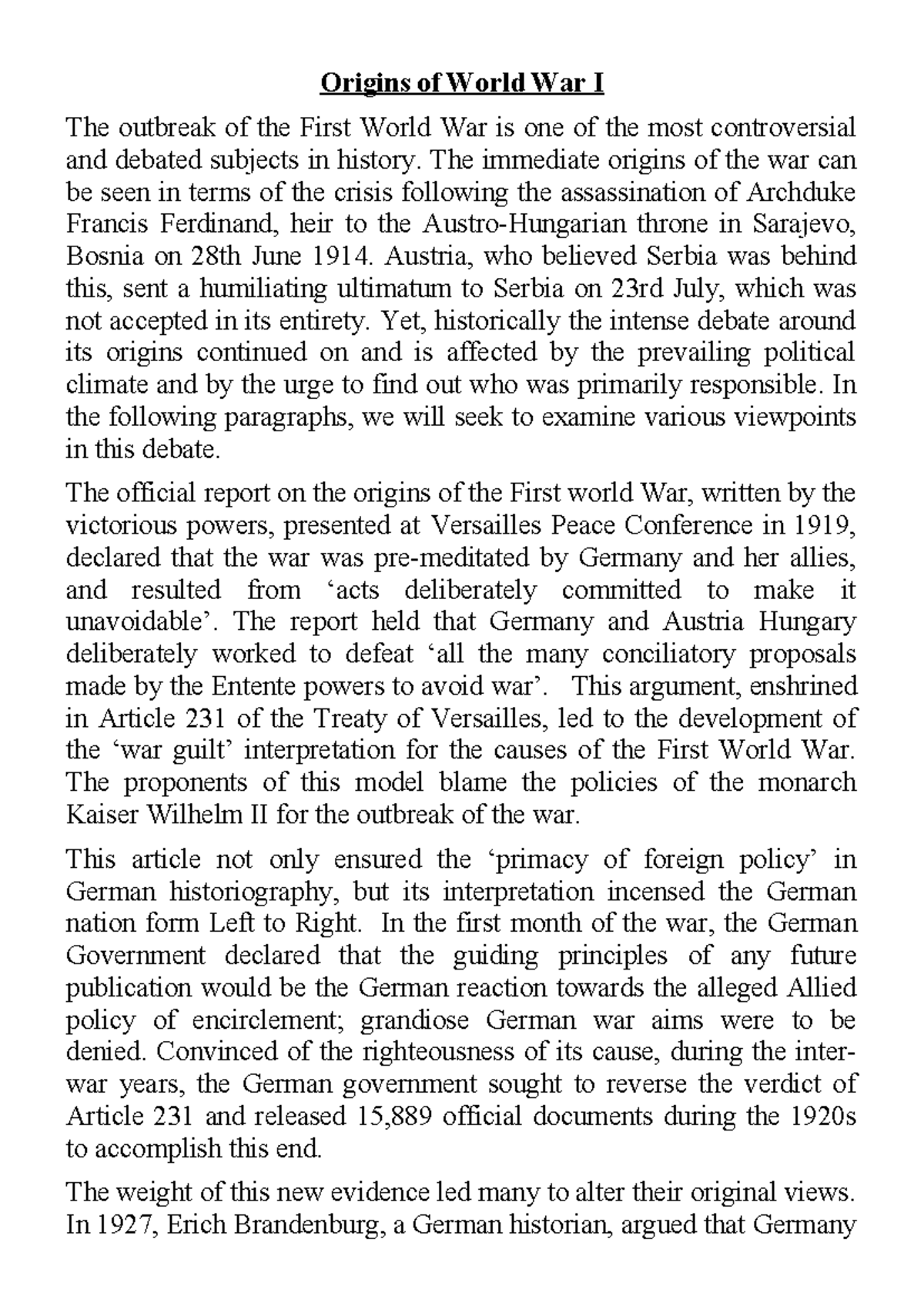 Origins of WW-1 - helpful for - Origins of World War I The outbreak of ...