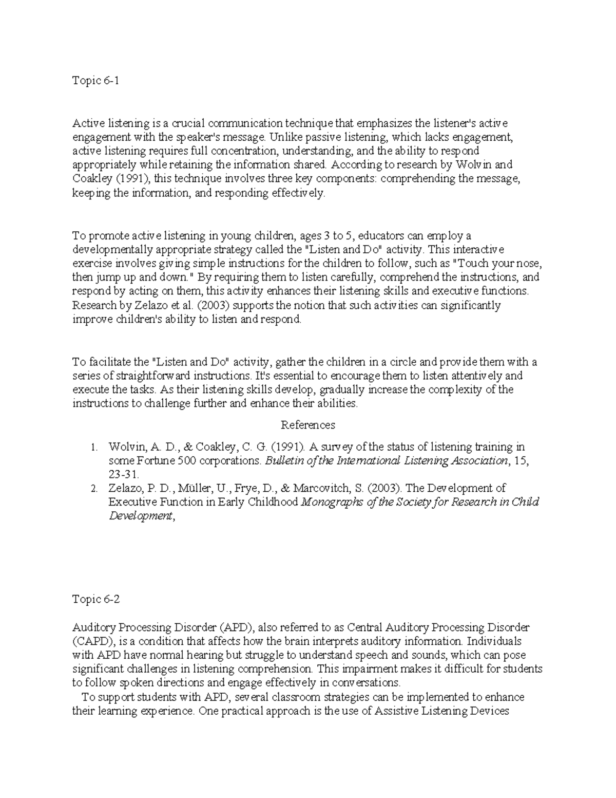 Topic 6-1: Enhancing Active Listening Skills in Young Children - Studocu