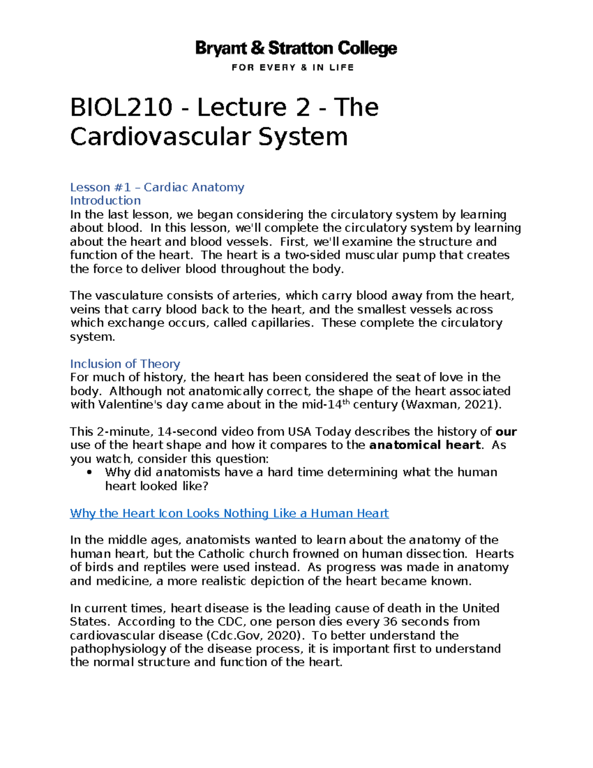 BIOL210 - Lecture 2: Overview of the Cardiovascular System & Heart ...
