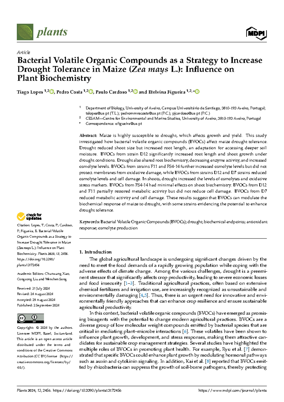 Research Article: BVOCs Enhance Drought Tolerance in Maize (Zea mays L ...