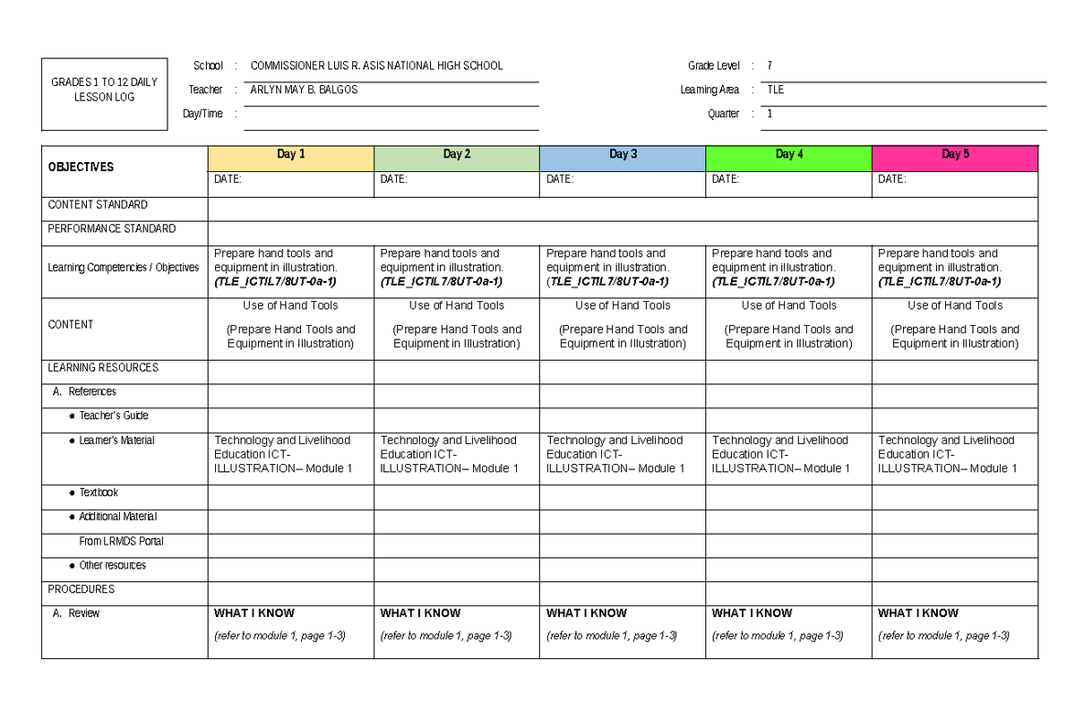 671008340 WEEK 1 TLE ICT Illustration DLL - GRADES 1 TO 12 DAILY LESSON ...