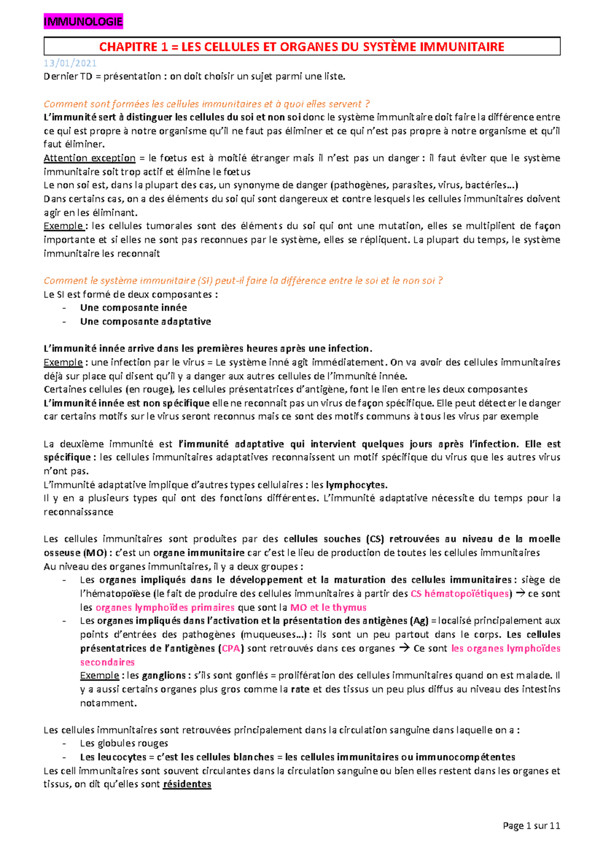 Cellules et Organes Immunitaires - Chapitre 1 (BIOL101) - Studocu