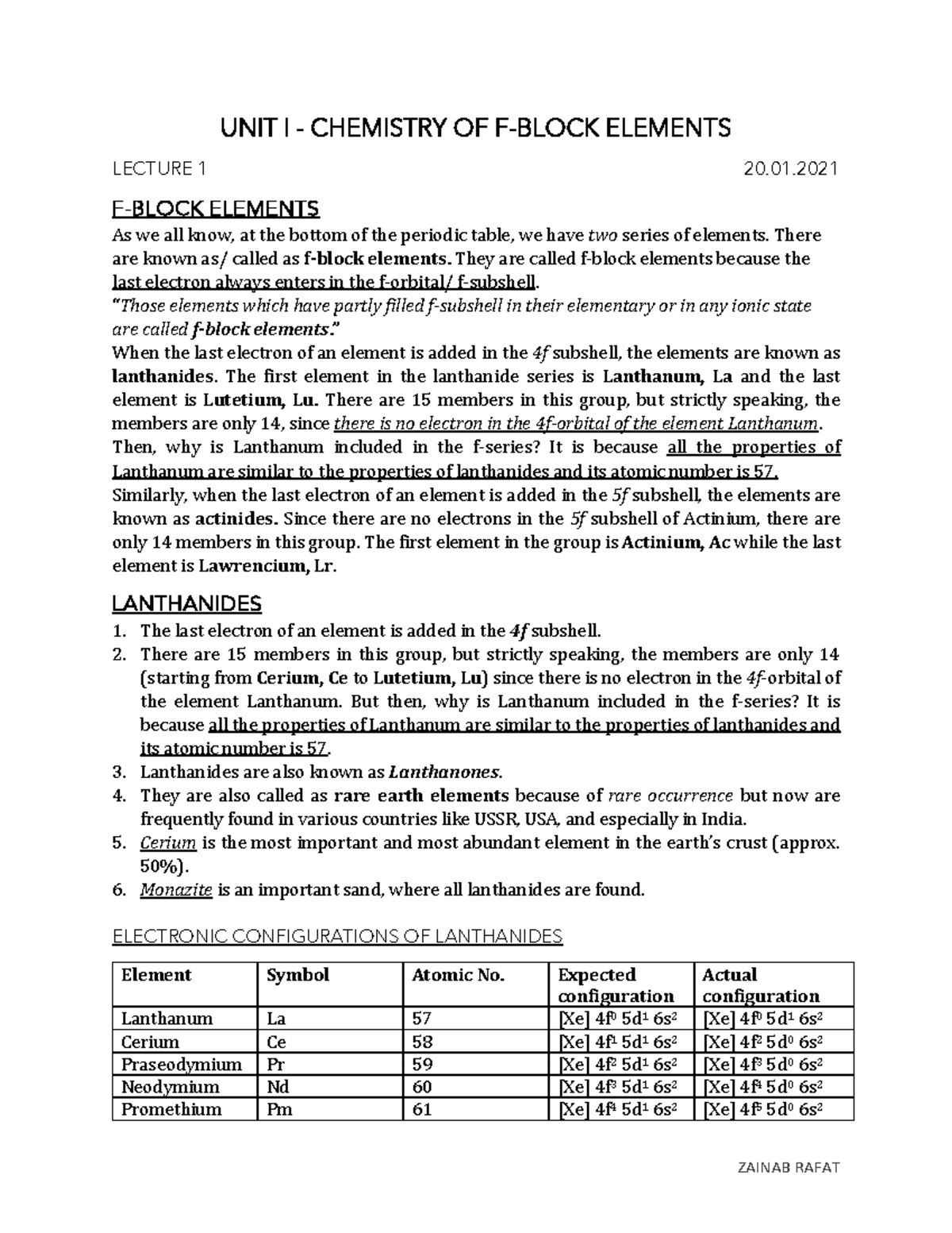 F-Block Elements Lecture Notes - Detailed Study on Lanthanides - Studocu
