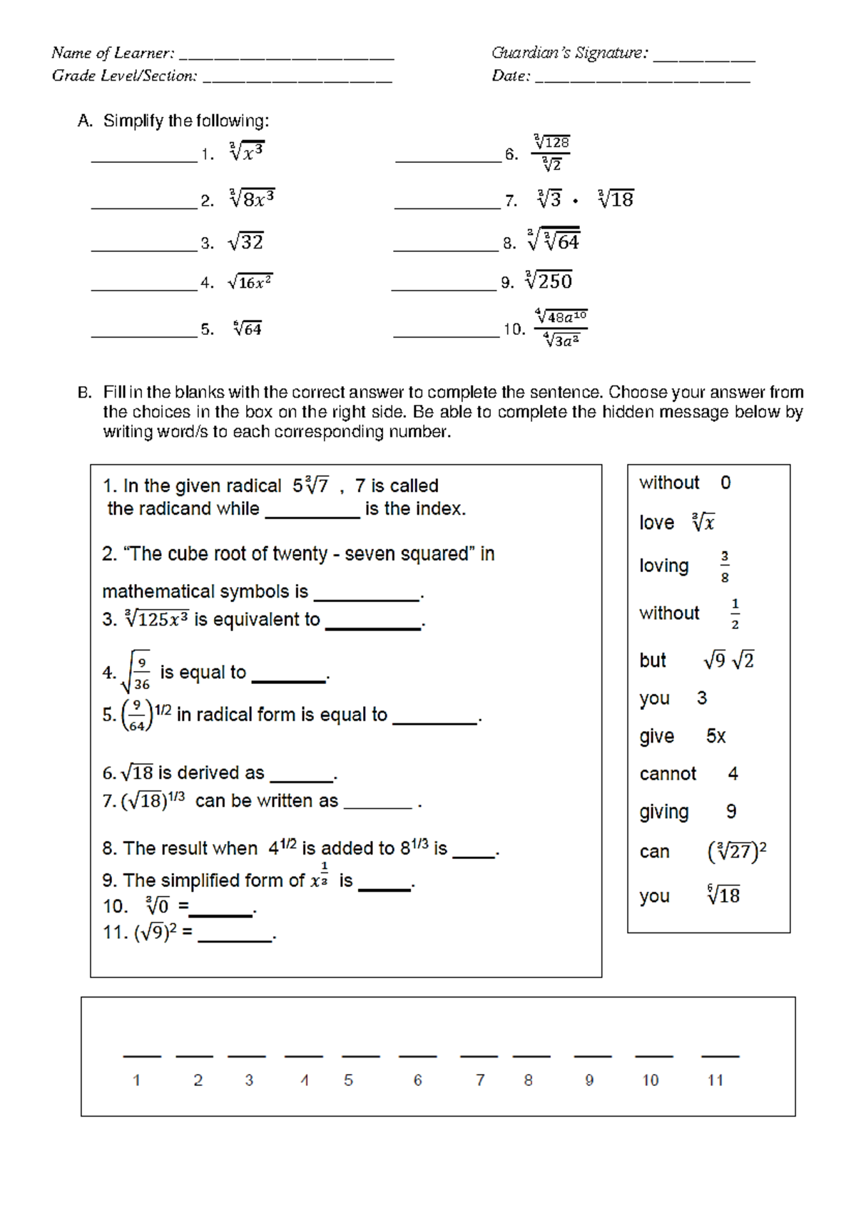 Activity-Simplifying Radicals - Name of Learner ...