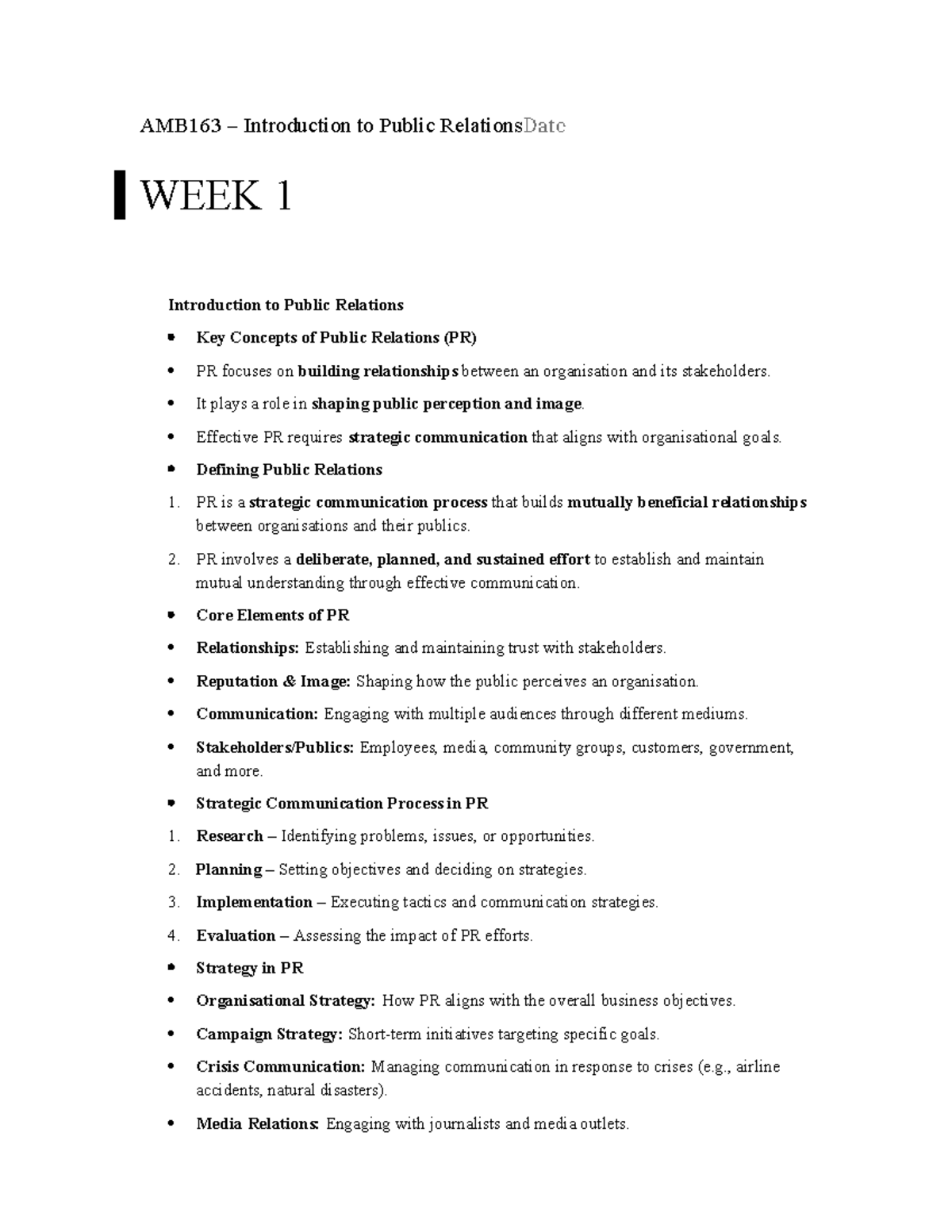 AMB163 - Week 1 & 2 Lecture Notes on Public Relations Concepts - Studocu
