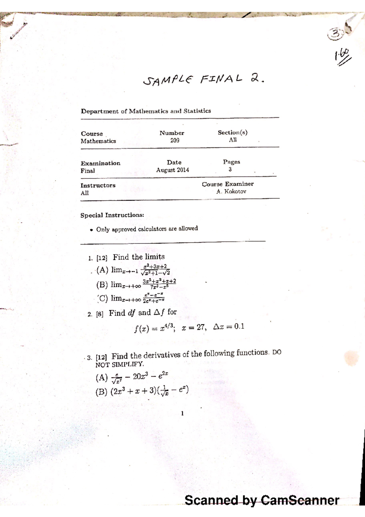 Sample Final Exam Solutions - Studocu