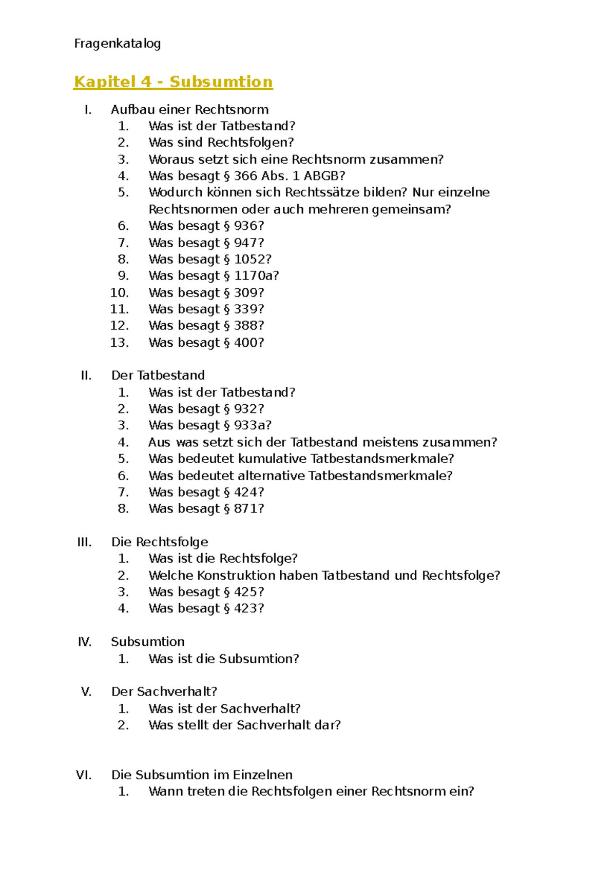 Fragenkatalog Kapitel 4: Subsumtion und Rechtsnormen - Studocu