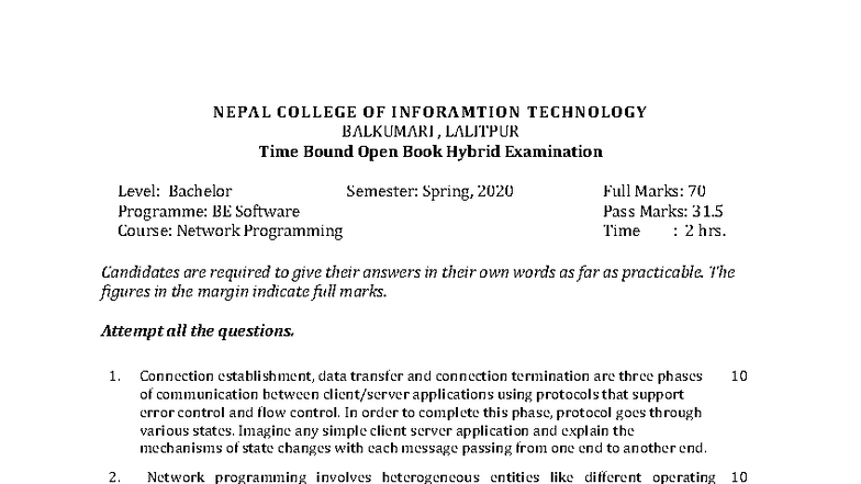 Network Programming Mock Test (BE Software, Spring 2020) - Studocu