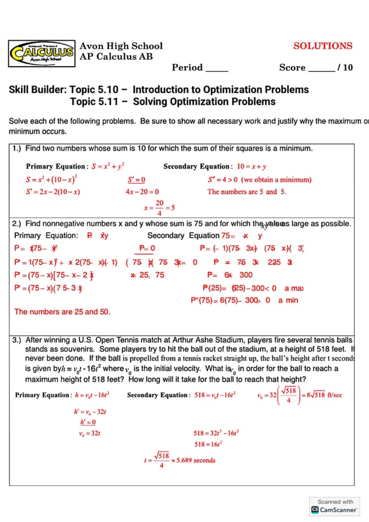 Optimization answers - adsfada - Avon High School SOLUTIONS CALCULUS ...