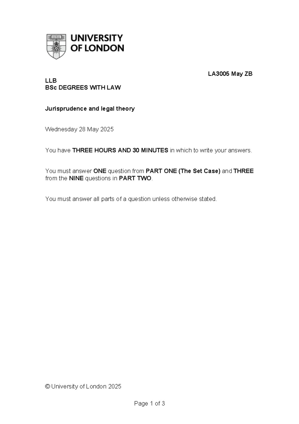 LA3005 Jurisprudence Exam Paper - May 2025 - Studocu