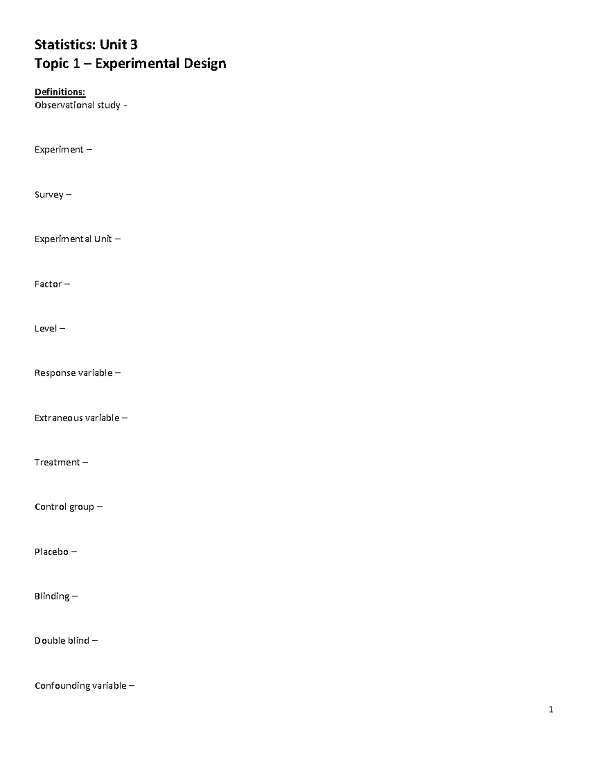 Statistics 101: Topic 1 - Experimental Design Notes and Homework - Studocu
