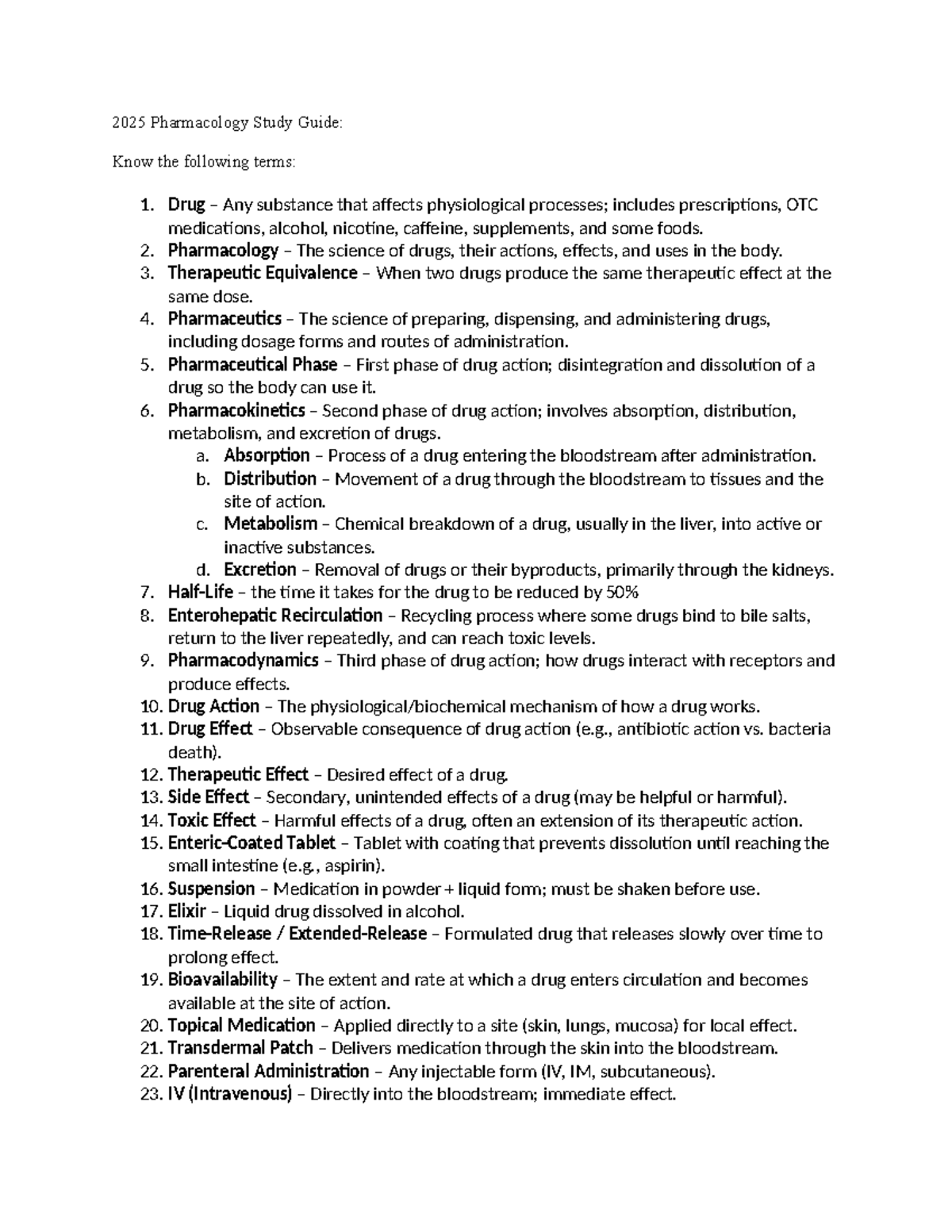 2025 PHAR 101 Study Guide: Key Terms & Definitions in Pharmacology ...