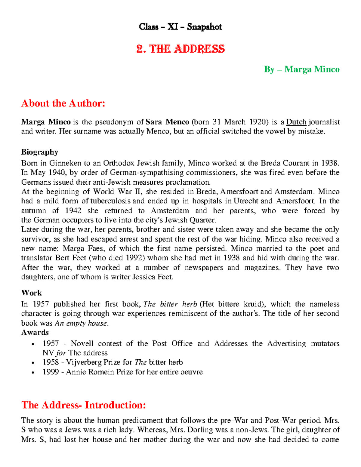 English-XI the address - Class – XI – Snapshot 2. The Address By ...