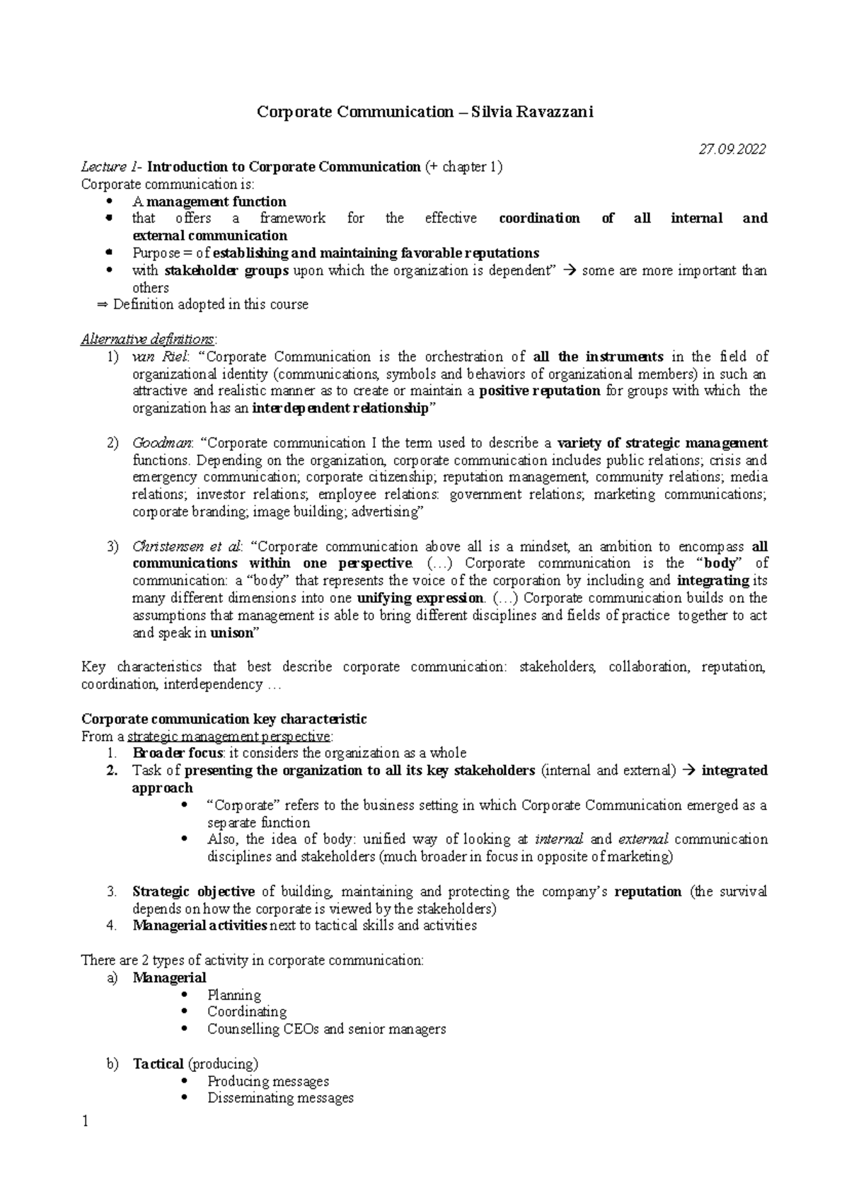 Corporate Communication Lecture Notes - Course Code: COM101 - Studocu