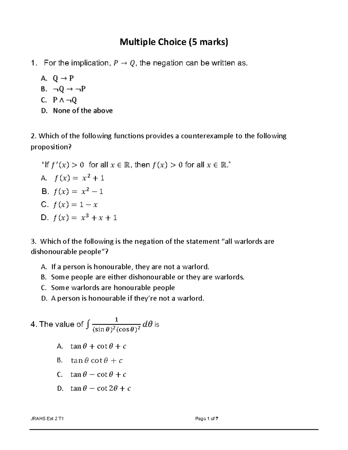 2021 Paper - ext 2 math - Multiple Choice (5 marks) For the implication ...