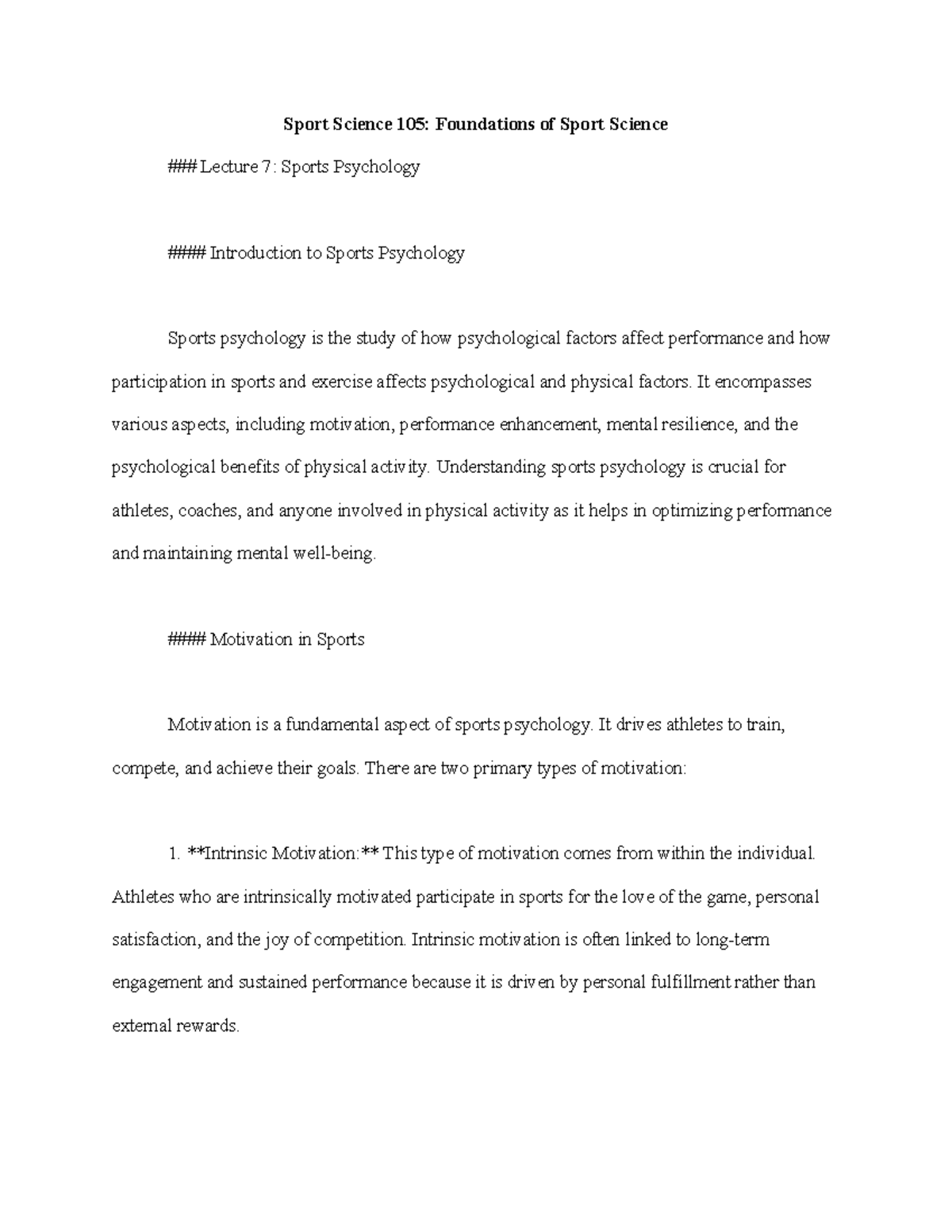 Sport Science 105: Lecture 7 - Introduction to Sports Psychology - Studocu