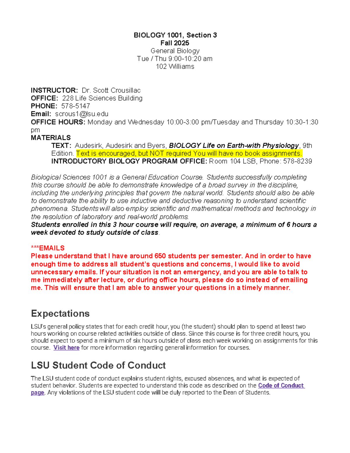 BIOL 1001 Syllabus for Spring 2025 - BIOLOGY 1001, Section 3 Fall 2025 ...