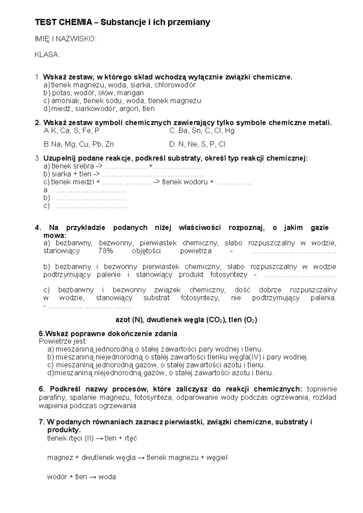 Sprawdzian Chemia 1 Poznajemy Różne Substancje www.studocu.com