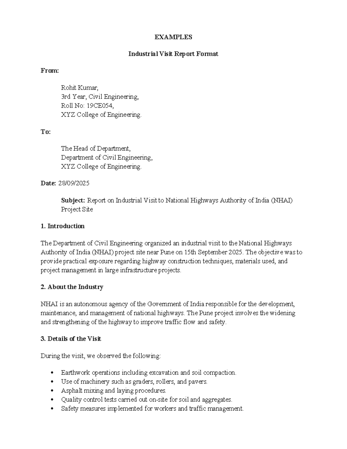 Industrial Visit Report to NHAI - CE 3rd Year Examples - Studocu