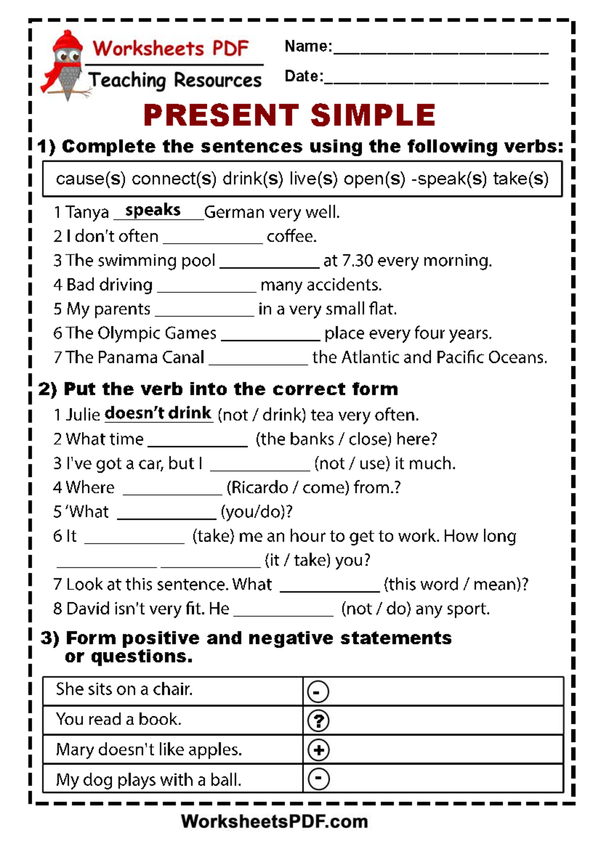 PRESENT SIMPLE - Complete the Sentences Practice Exercise - Studocu