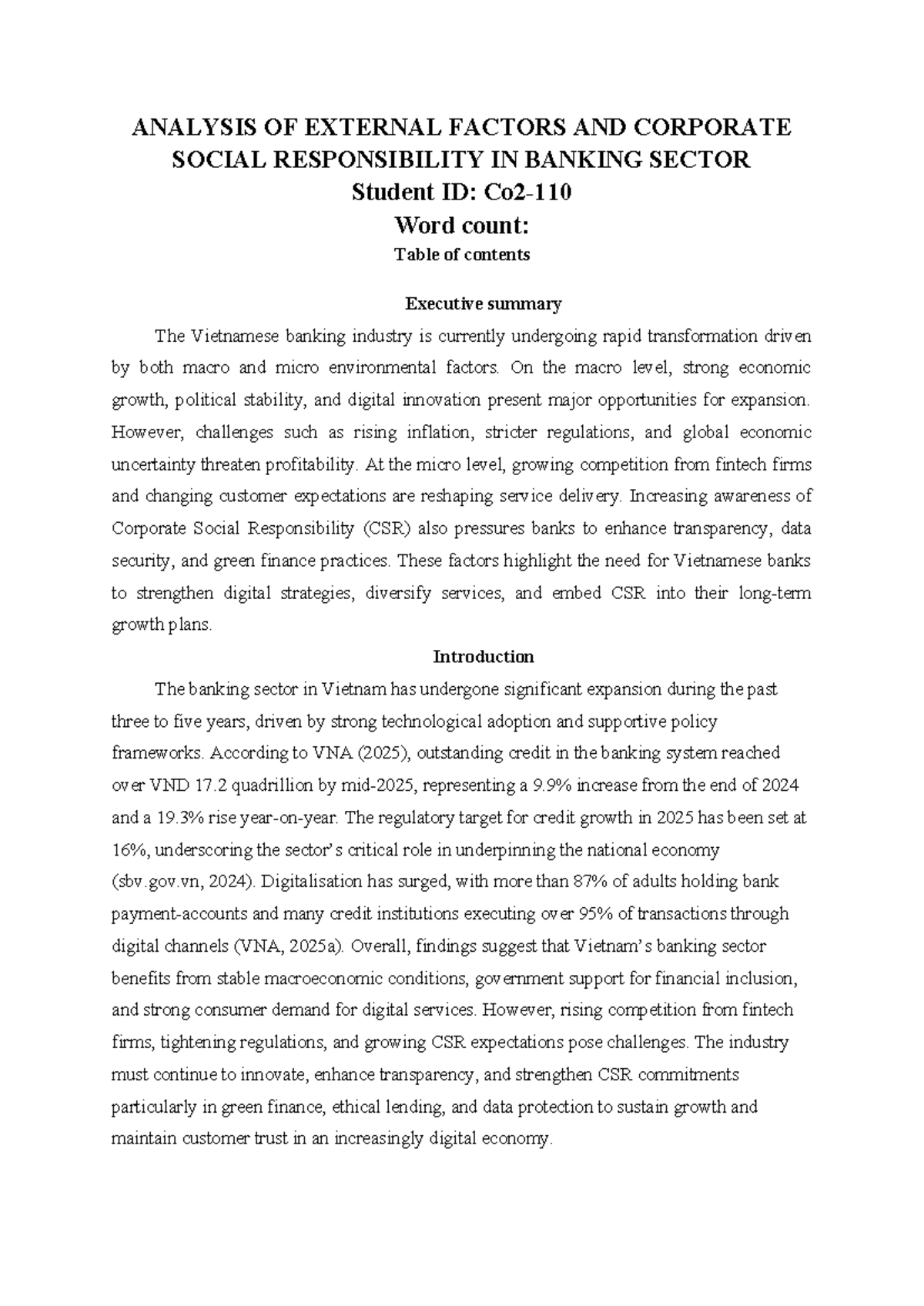 ANALYSIS OF EXTERNAL FACTORS & CSR IN VIETNAMESE BANKING SECTOR - Studocu