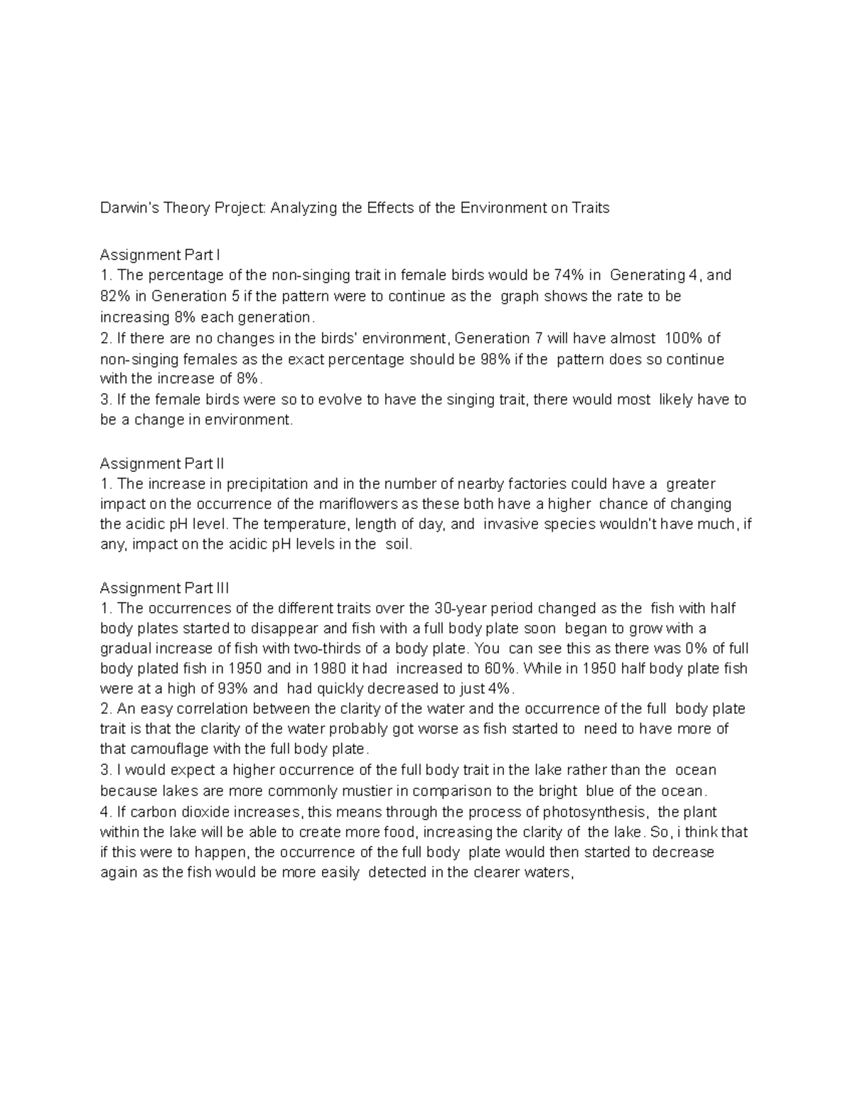 Darwin s Theory Project Analyzing the Effects of the Environment on ...