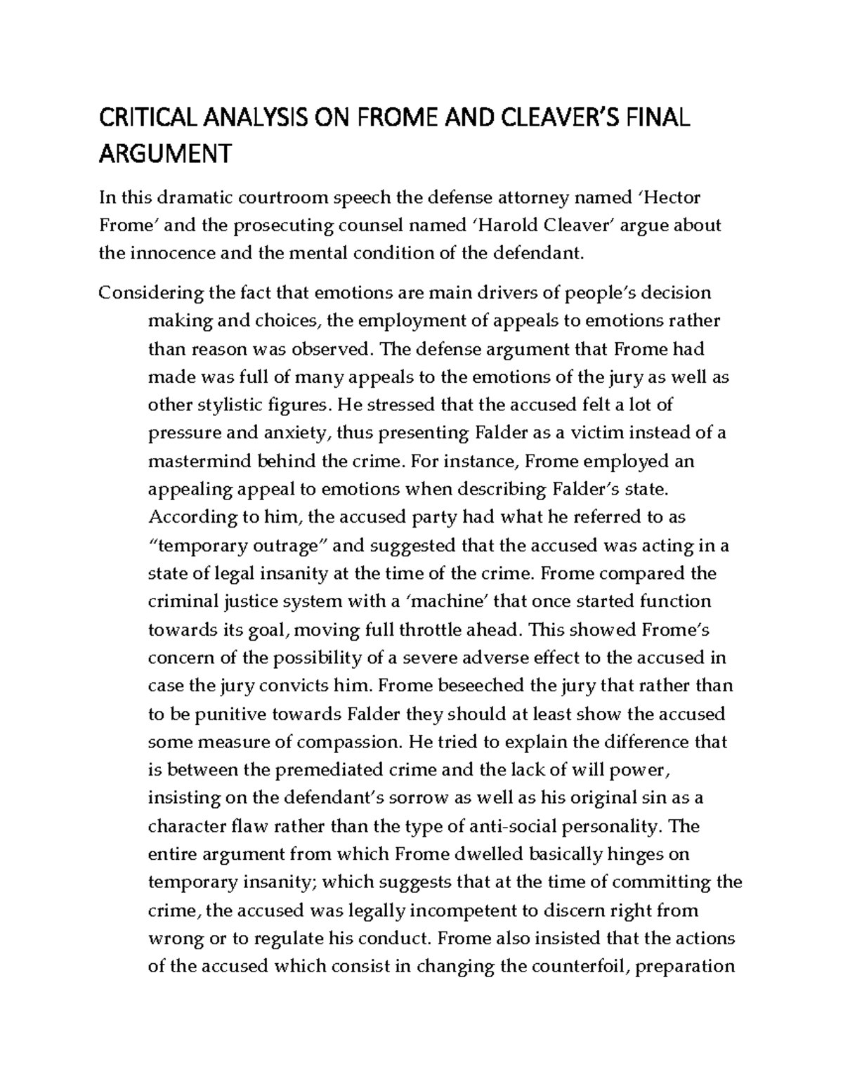 Critical Analysis of Frome and Cleaver's Arguments (Final Exam) - Studocu