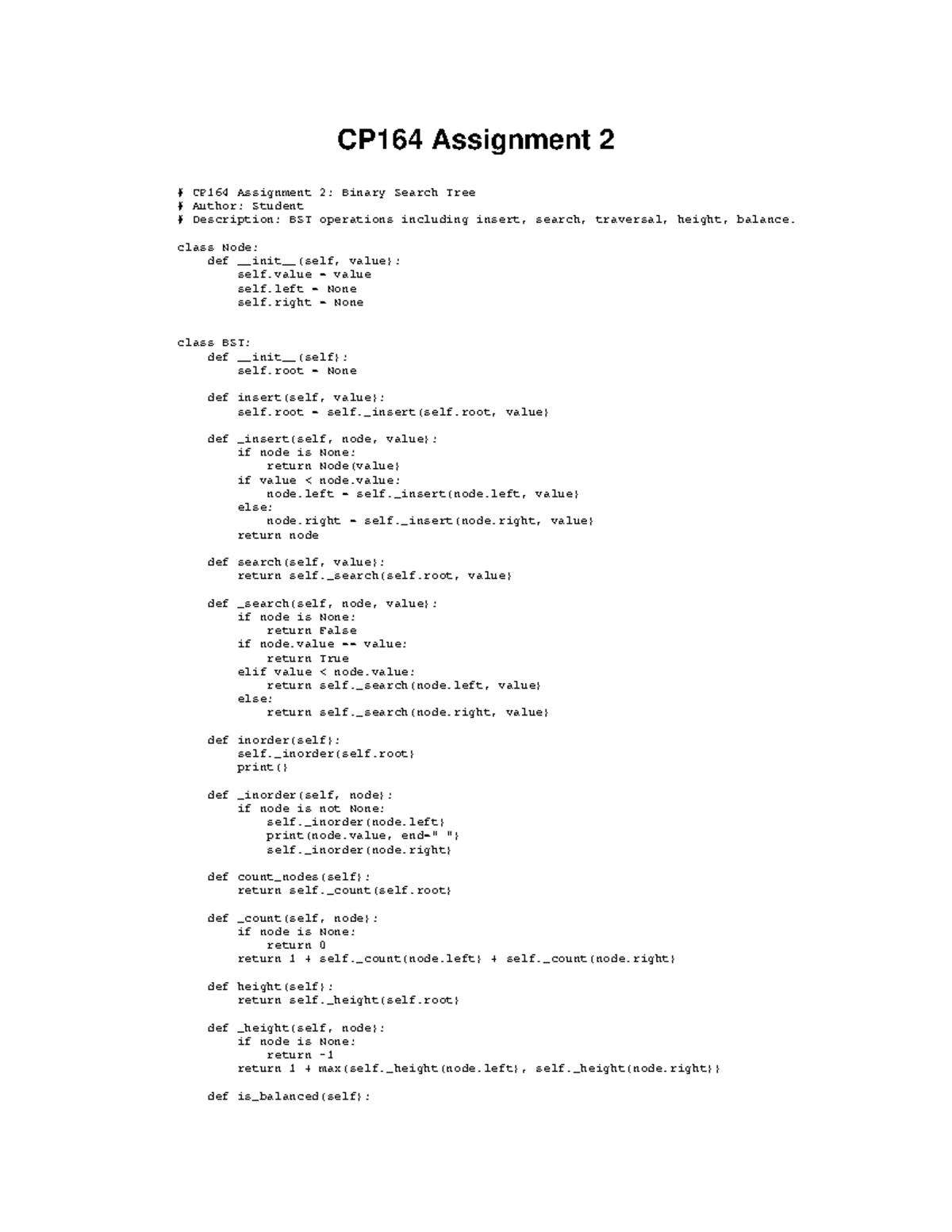 CP164 Assignment 2: Binary Search Tree Operations and Implementation ...