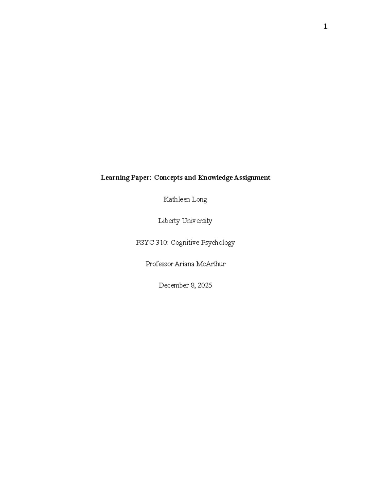 PSYC 310: Concepts and Knowledge Learning Paper Assignment - Studocu