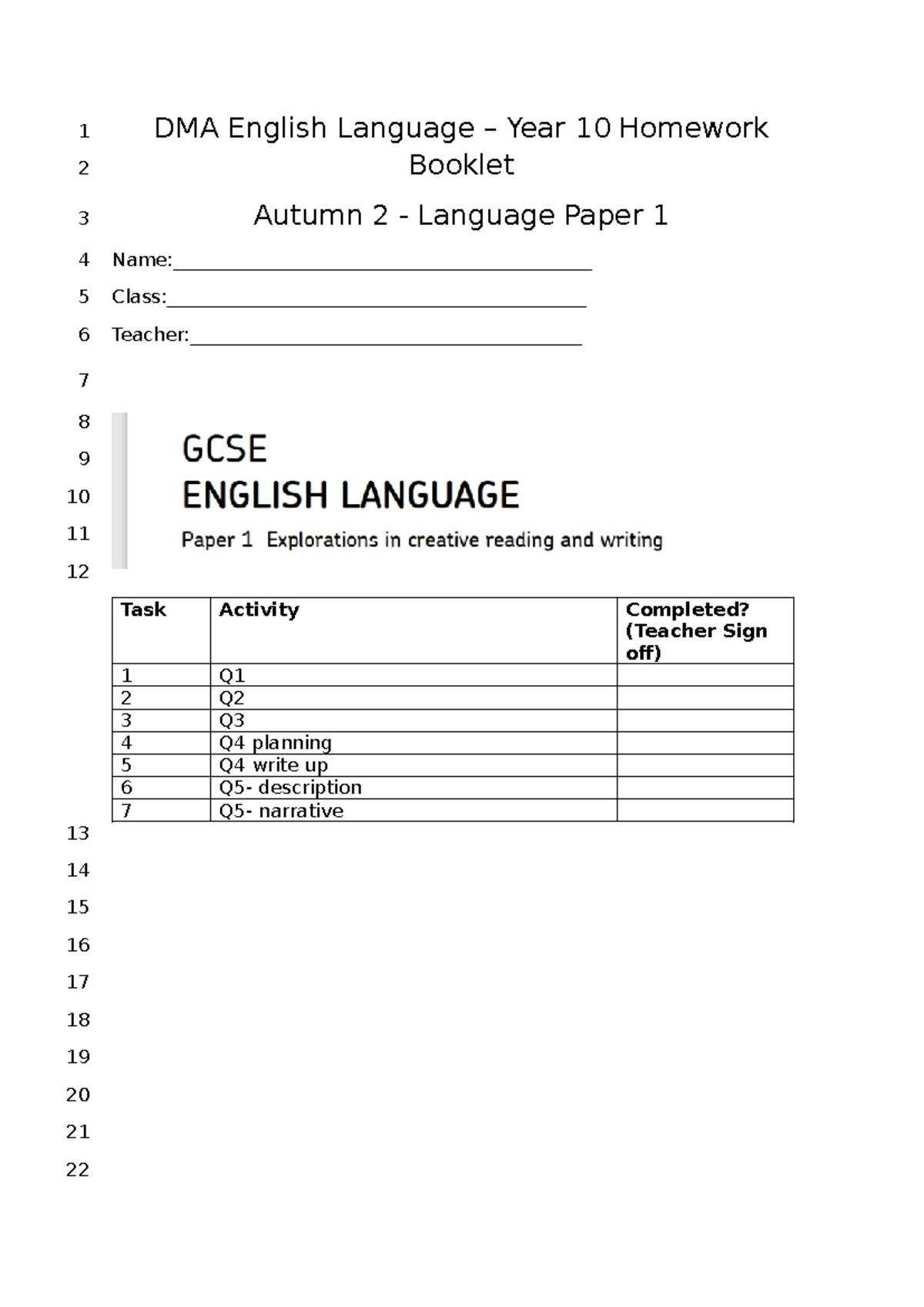Y10 DMA English Language Homework Booklet 3: Autumn 2 Language Paper 1 ...