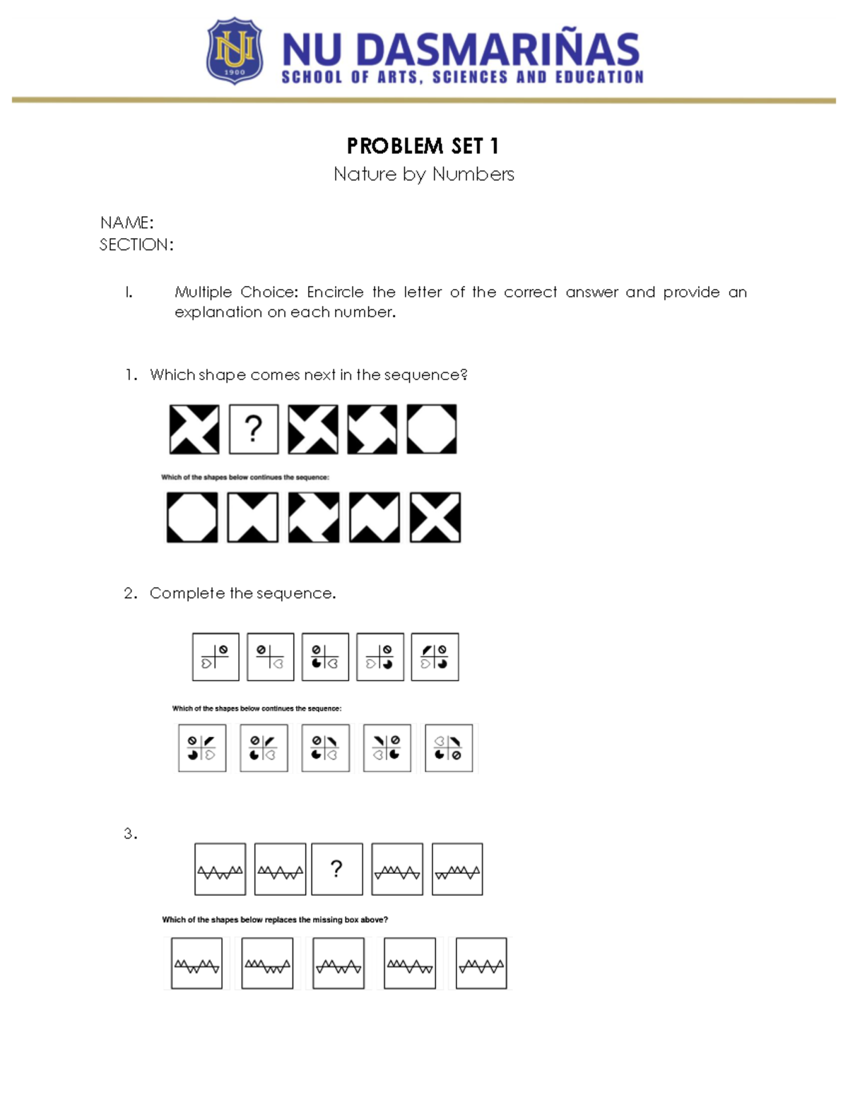 Problem Set 1: Patterns and Sequences Exercises and MCQs - Studocu