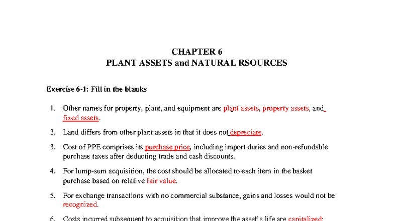Chapter 6 Plant Assets Exercises Revised (Answer Guide) T1AY2526 ...