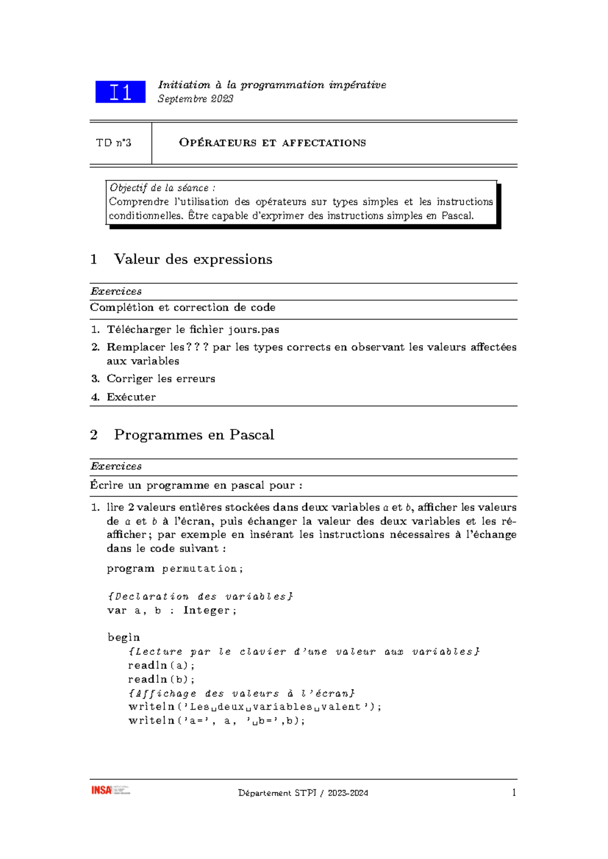 I1-TD3 : Opérateurs et Affectations en Pascal - Sept 2023 - Studocu