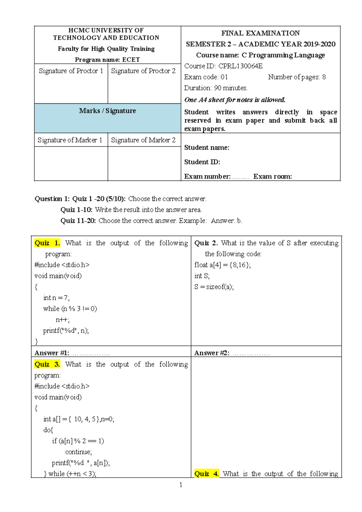19-20 CPRL130064E C Programming Language Final Exam - Exam Code 01 ...