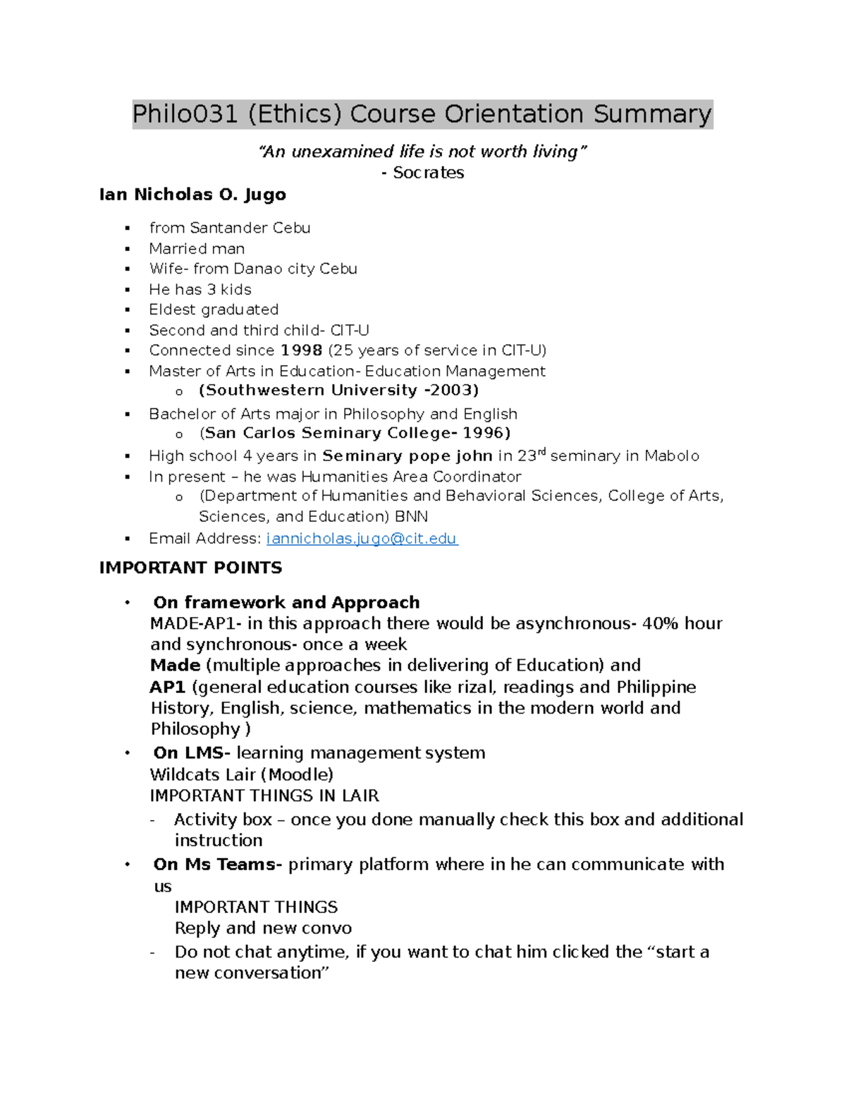 Ethics Course Orientation Summary (PHILO031) - Key Points and ...