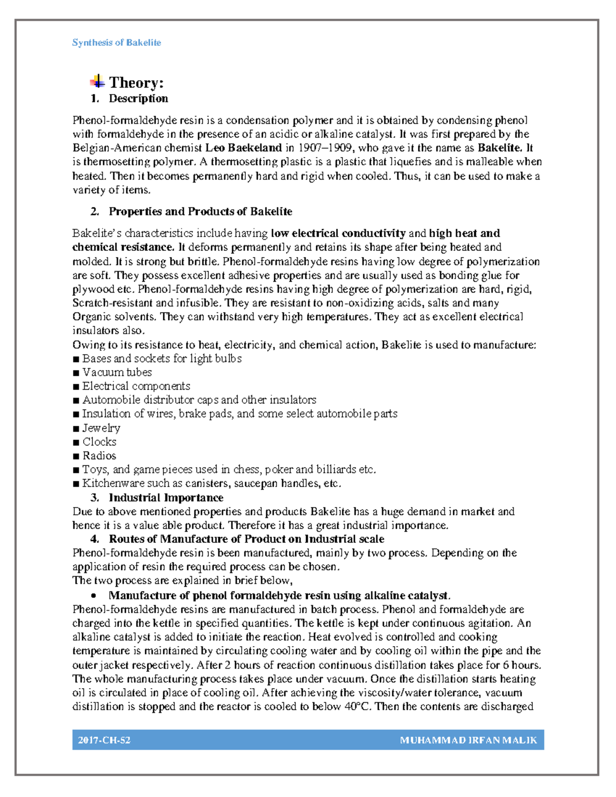 CH-52 Bakelite Synthesis: Theory, Procedure, and Industrial ...