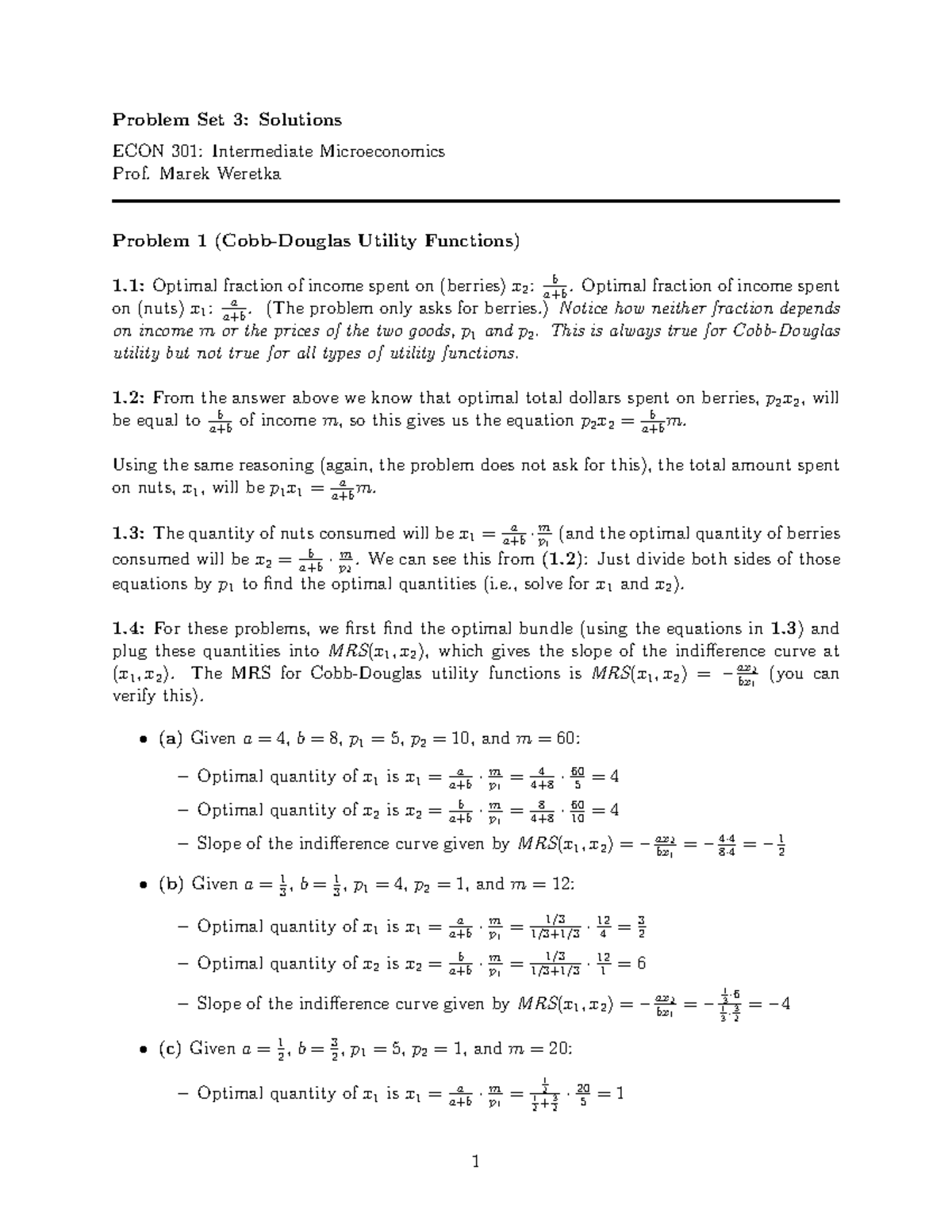 Microeconomics PS3Sol - Problem Set 3: Solutions ECON 301: Intermediate ...