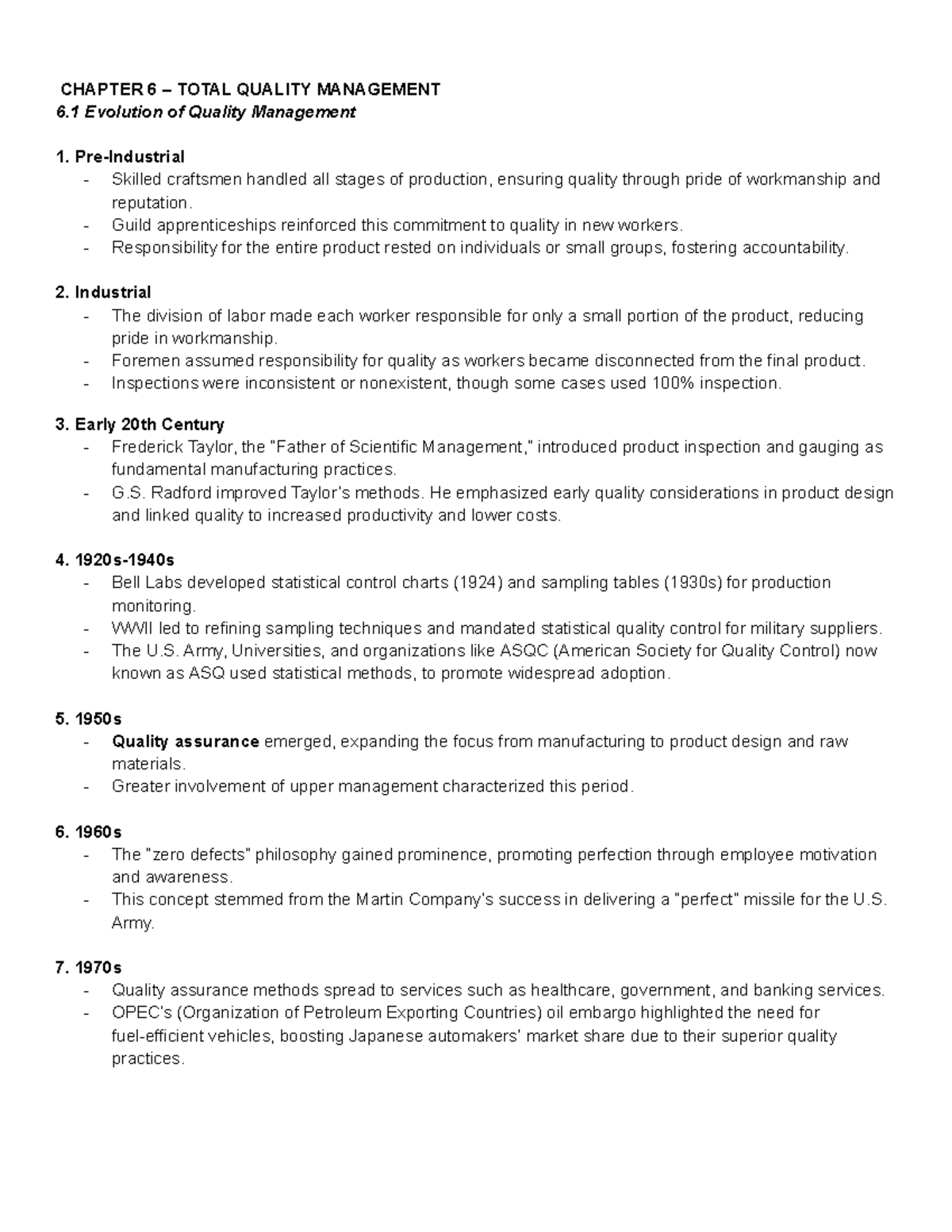 TOTAL QUALITY MANAGEMENT (TQM) - CHAPTER 6 Insights and Evolution - Studocu