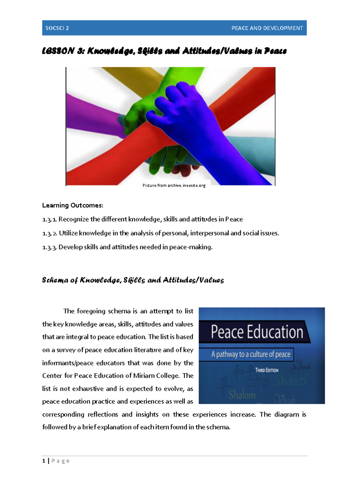 Chapter 1 Lesson 3 - Knowledge, Skills, and Values in Peace Education ...