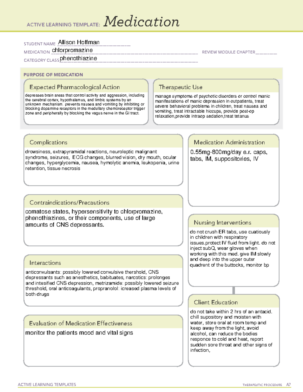 Chlorpromazine Med Card: Active Learning Template for Nursing