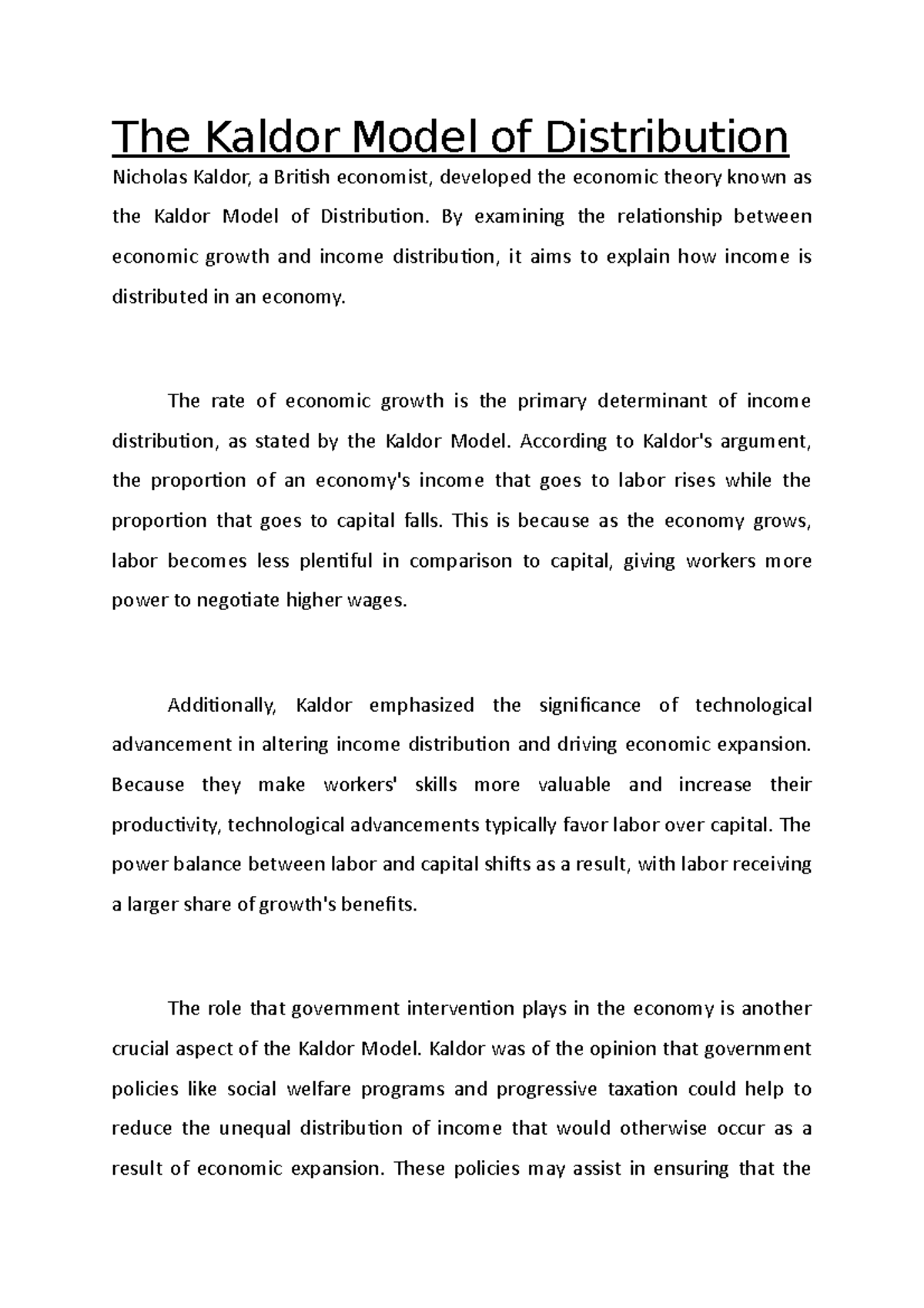 Kaldor Model of Distribution: Insights on Growth & Inequality - Studocu