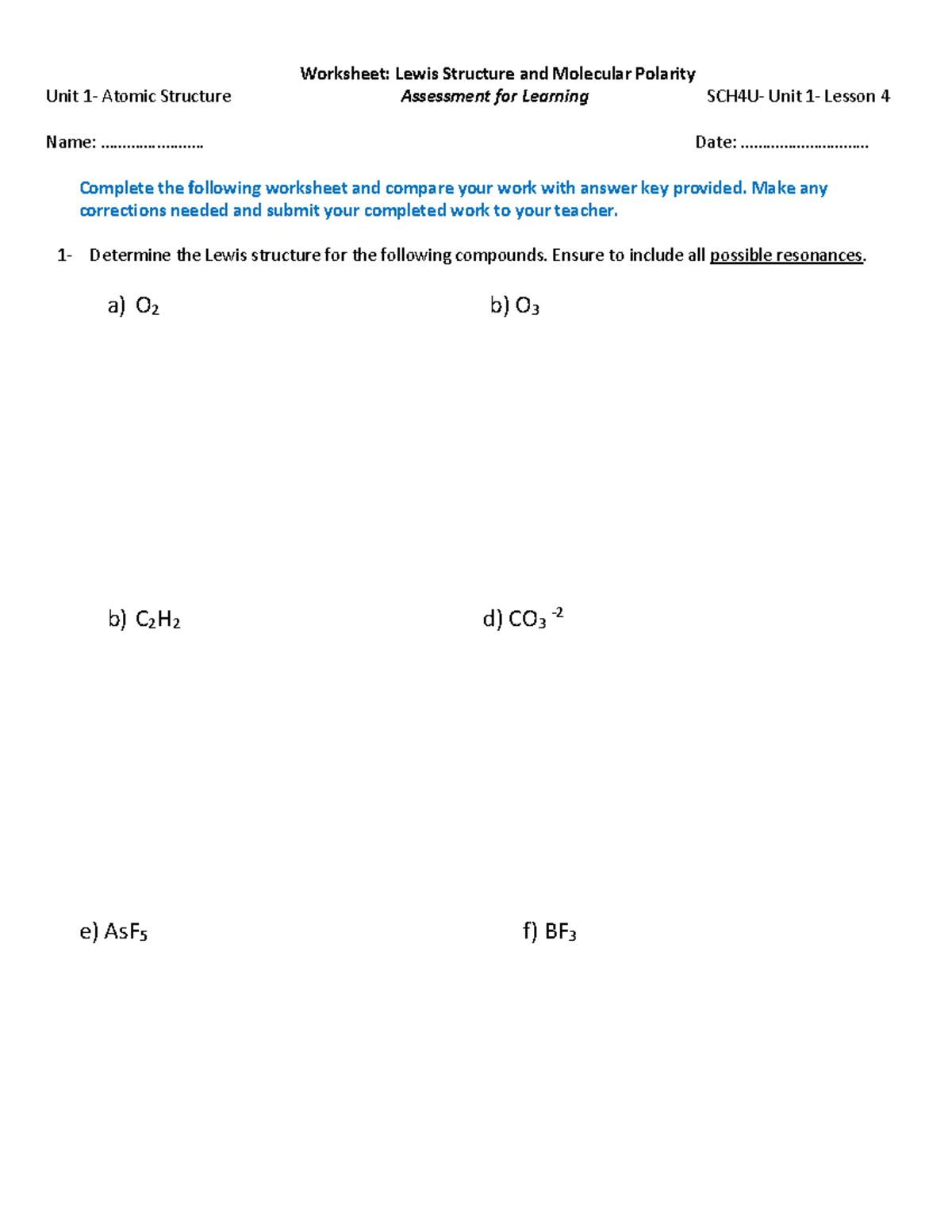 L4-Worksheet: Lewis Structures & Molecular Polarity Assessment - Studocu