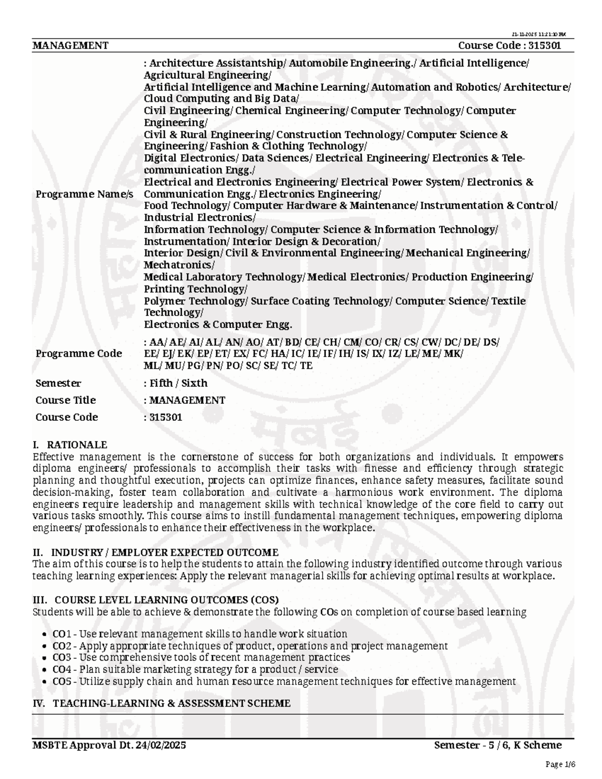 315301- Management - Syllabus - MANAGEMENT Course Code : 315301 ...