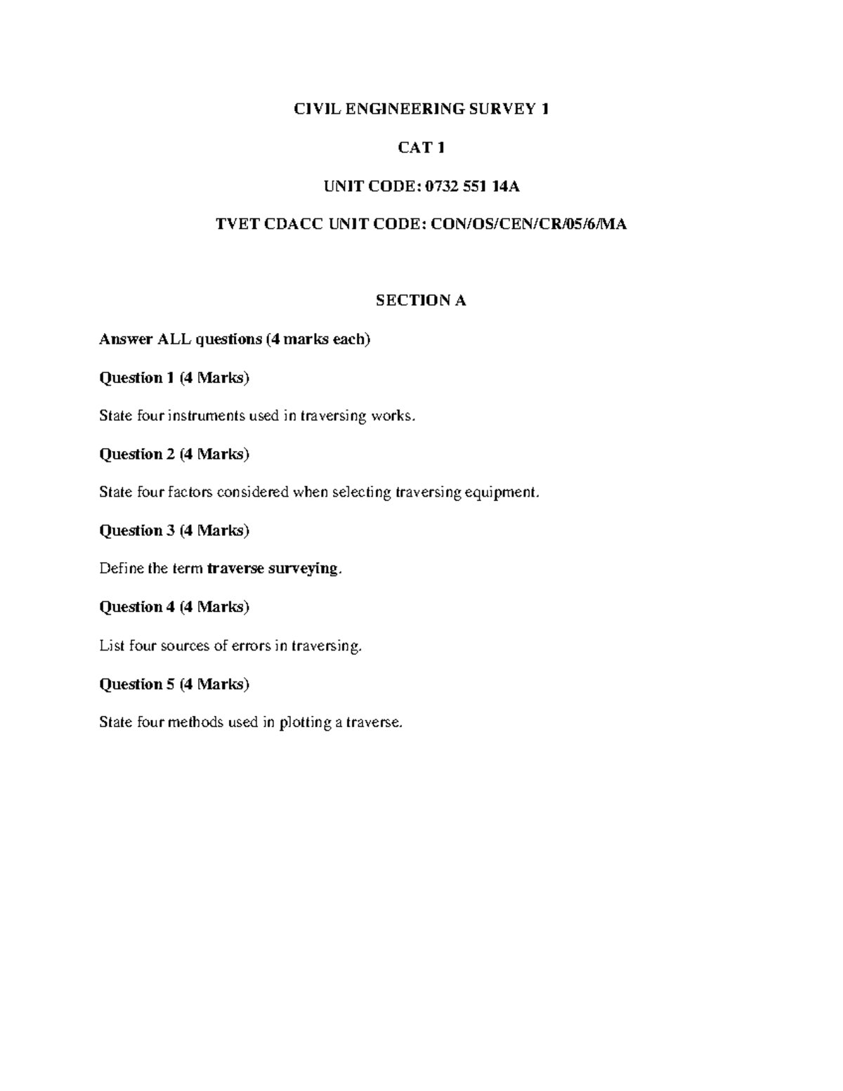 CIVIL ENGINEERING SURVEY 1 CAT 1 UNIT CODE: 0732 551 14A - Studocu