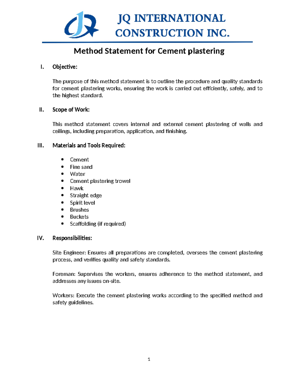Method Statement for Cement Plastering: Process & Standards Guide - Studocu
