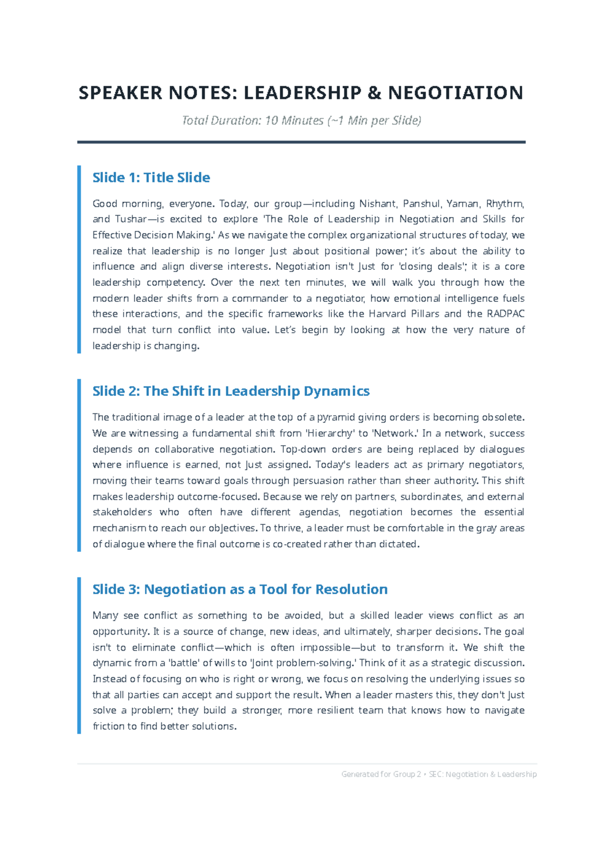 SPEAKER NOTES: LEADERSHIP IN NEGOTIATION (SEC) - Studocu