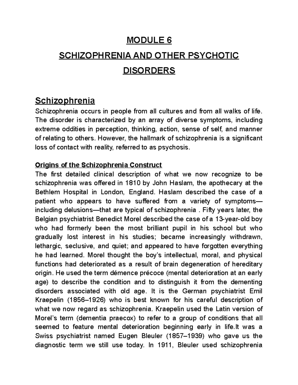 Module 6 AB - Notes on Schizophrenia & Psychotic Disorders for BSc ...