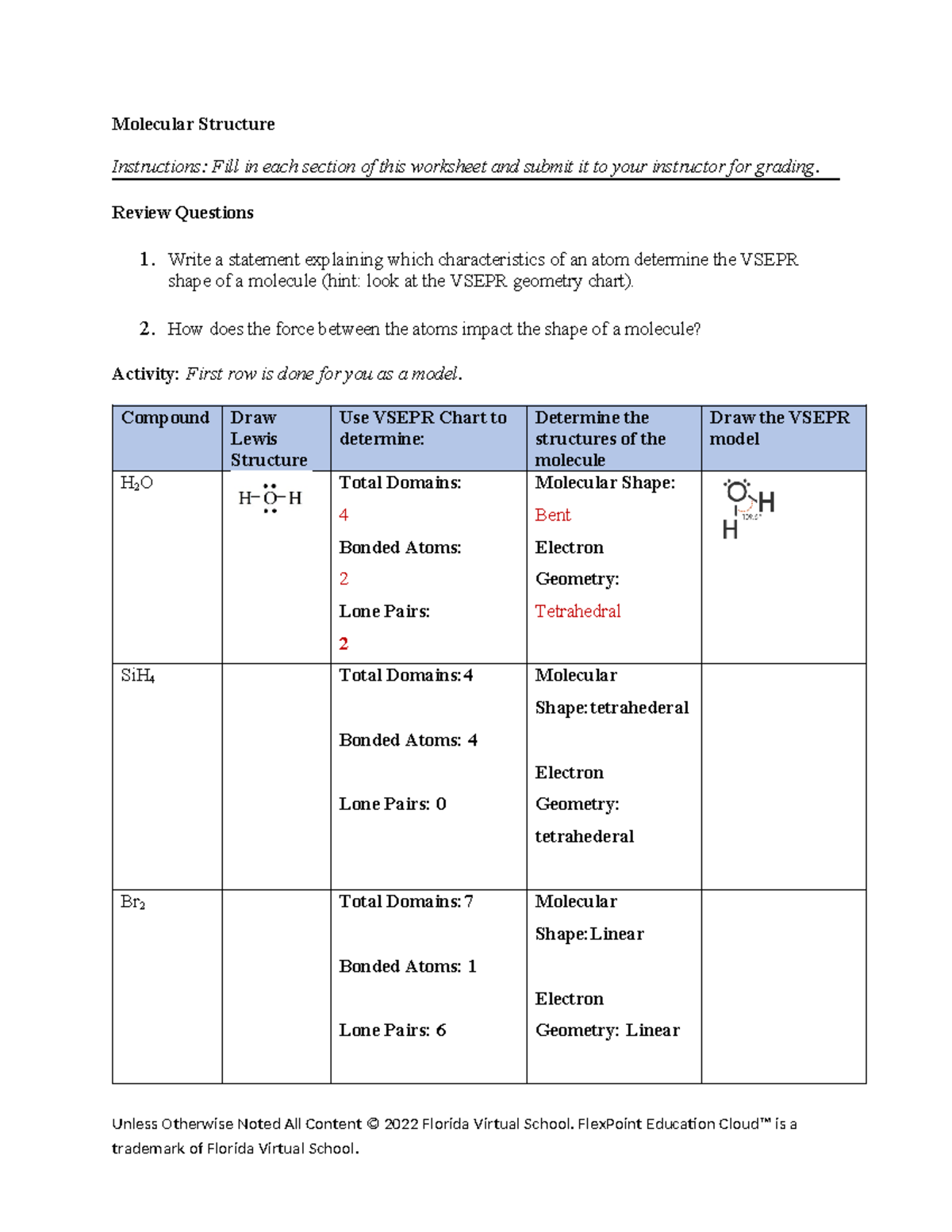 Molecular Structure Worksheet: Understanding VSEPR Shapes and Models ...